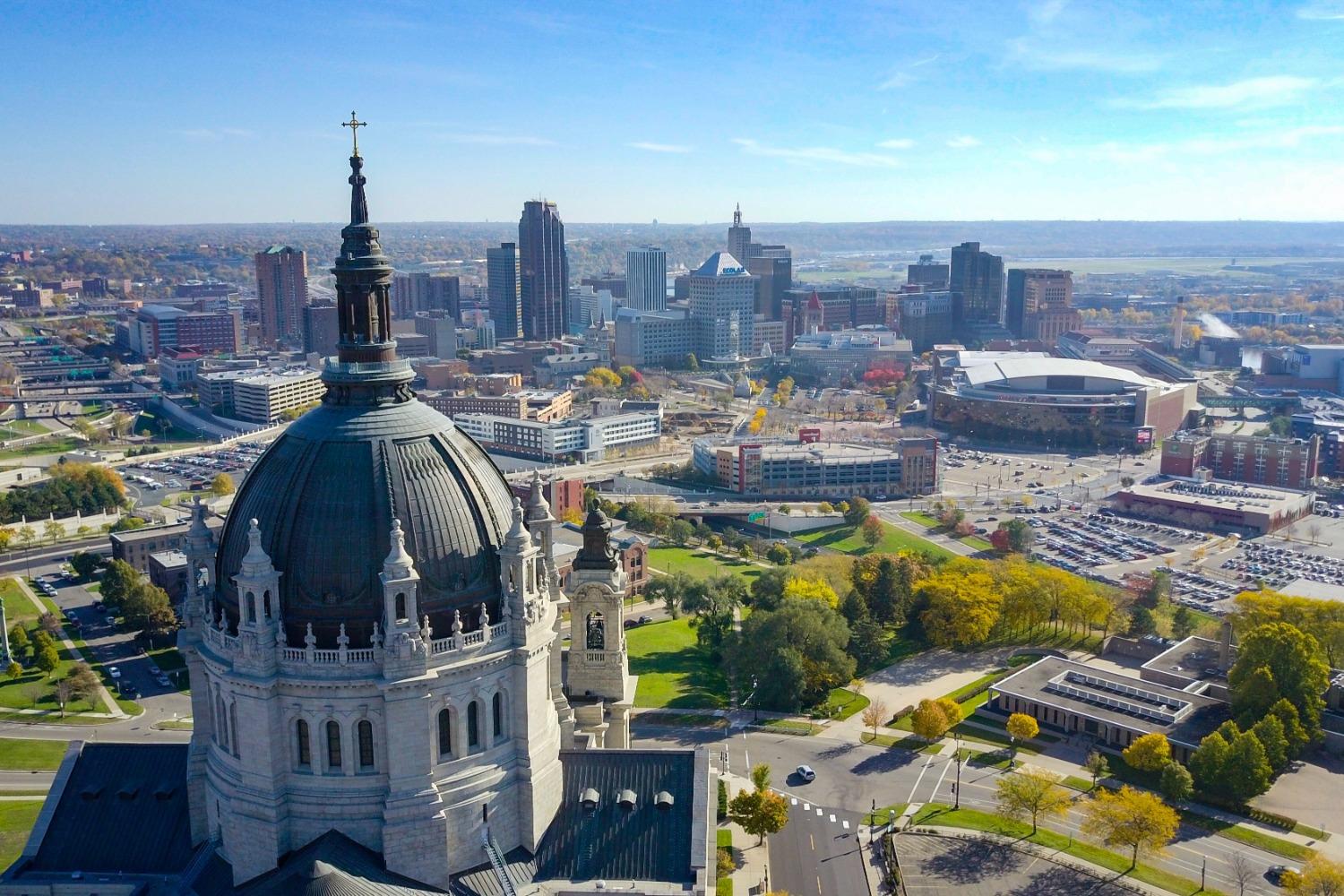 The Cathedral of St. Paul overlooking Downtown St. Paul, Minnesota