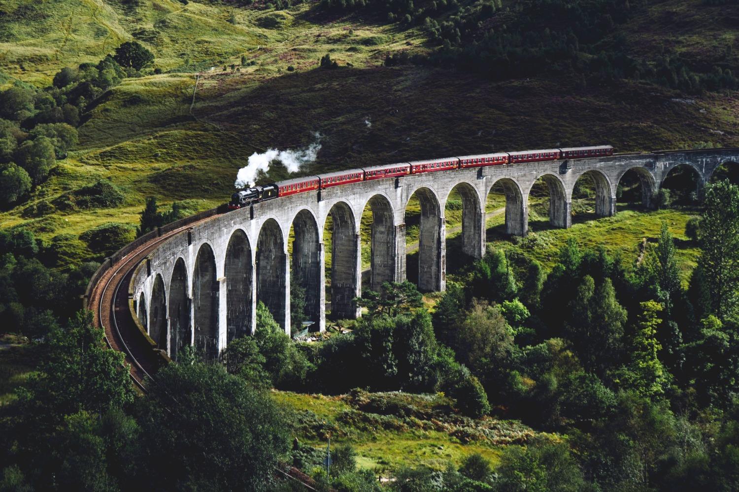 A train on the Glenfinnan Viaduct in the Scottish Highlands