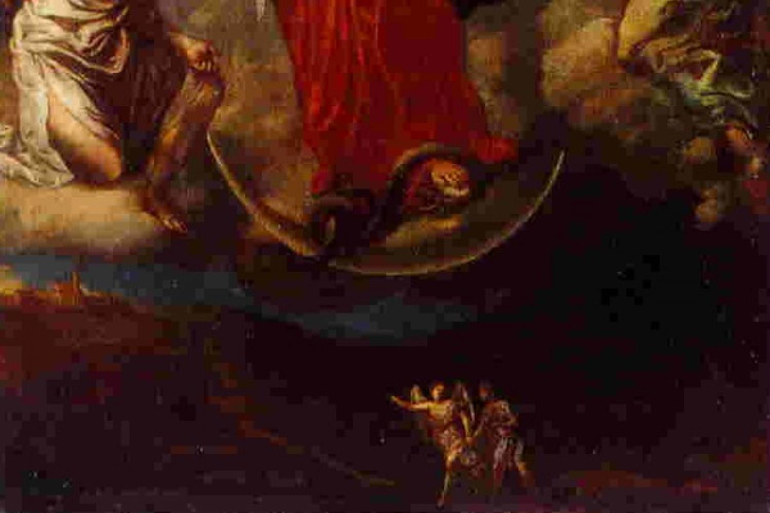 The bottom of Schmidtner&#039;s painting, showing the knotted snake at Tobias, his dog, and St. Raphael.