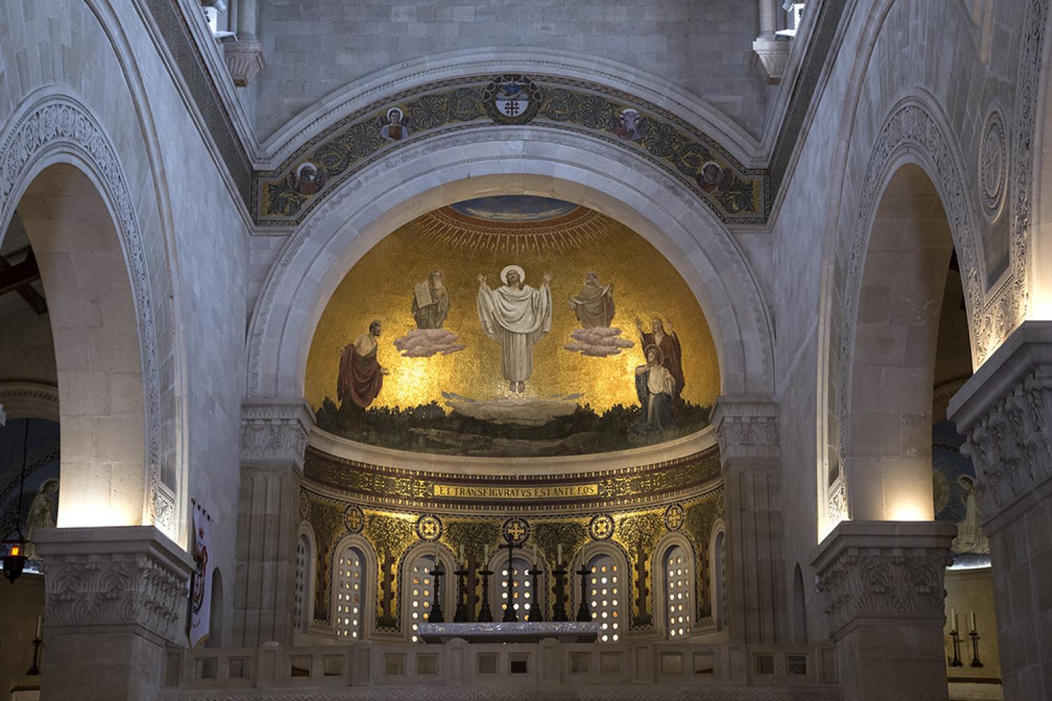 A golden mosaic of the Transfiguration on Mount Tabor