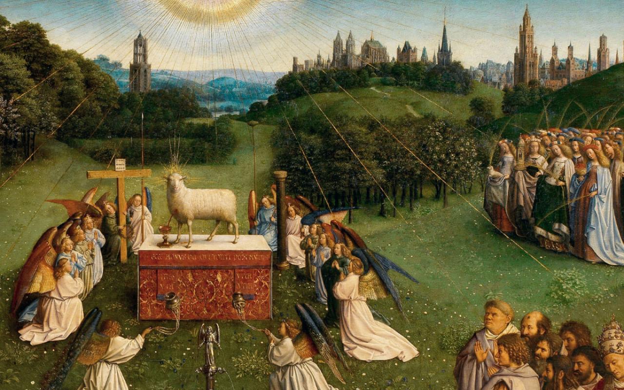 "Adoration of the Mystic Lamb" from the Ghent Altarpiece, by Hubert and Jan Van Eyck