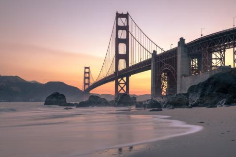 The Golden Gate Bridge at sunrise